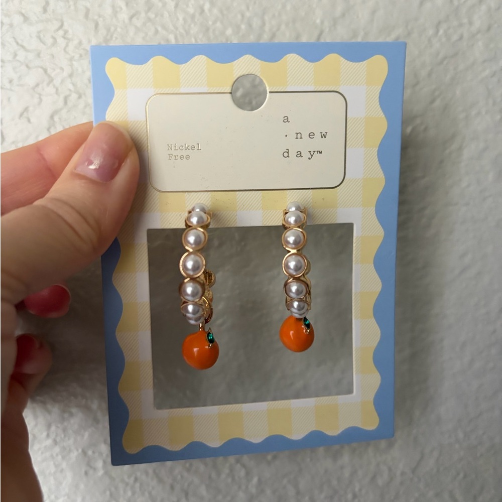 NWT A New Day Target Pearl & Gold Earrings with Orange Charms